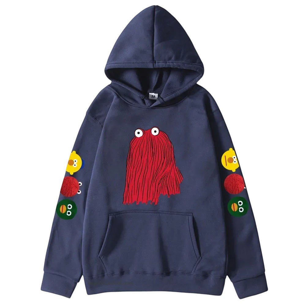 COMFORTHere navy blue graphic hoodie with a red character on the front and character icons on the sleeves.