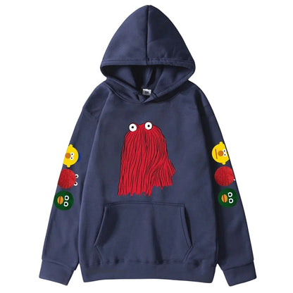 COMFORTHere navy blue graphic hoodie with a red character on the front and character icons on the sleeves.