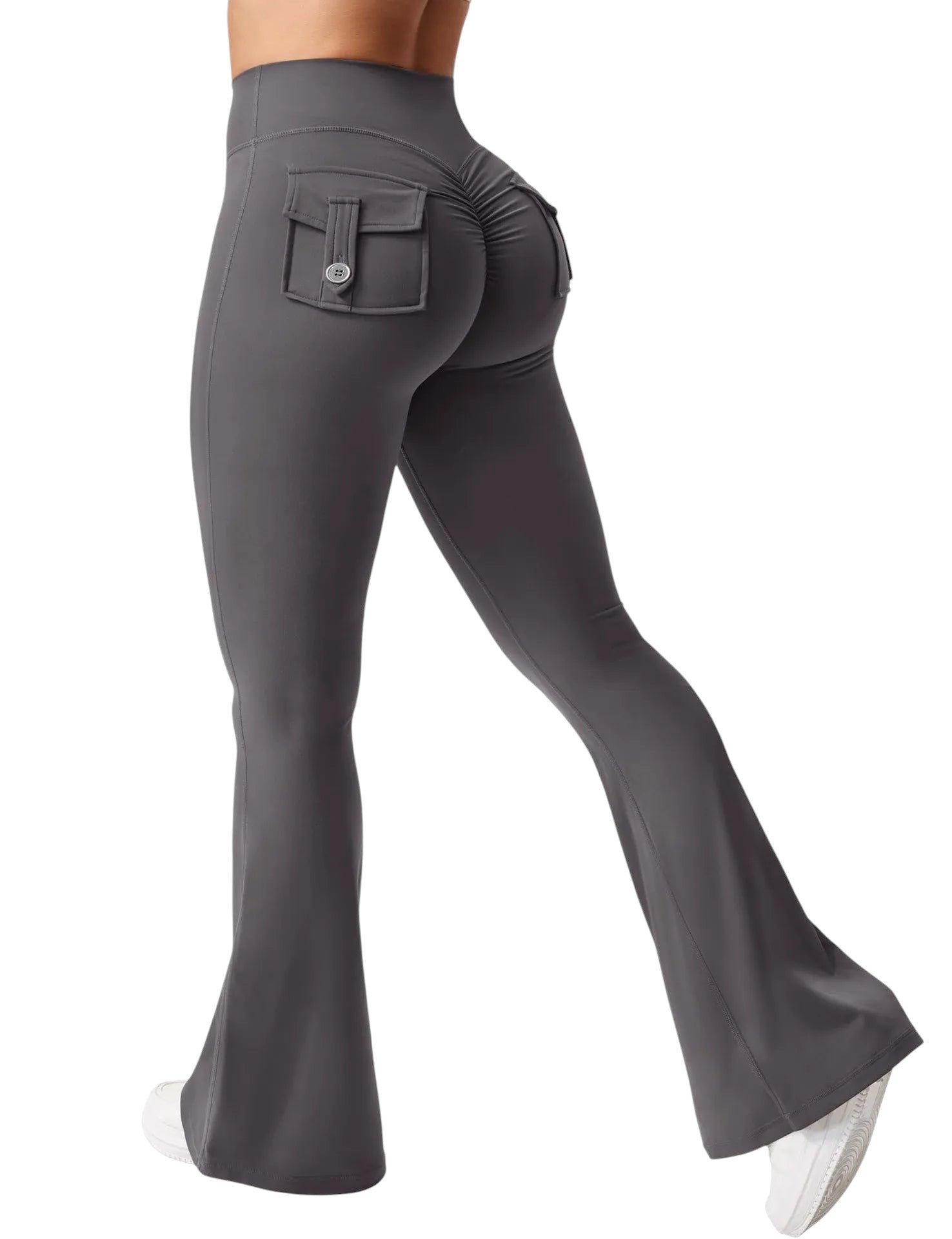 COMFORTHere high-waisted flare yoga pants in charcoal grey with ruched back pockets and a button detail.