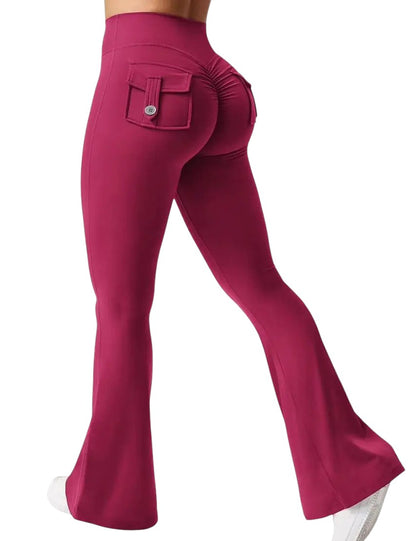 COMFORTHere Comfort High Waisted Flare Yoga Pants in deep pink with ruched back pockets and button detail.