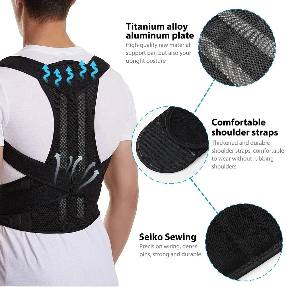 COMFORTHere is the original image: A man wears a black adjustable posture corrector back brace made of breathable mesh with titanium alloy aluminum plates and comfortable shoulder straps.