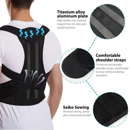 COMFORTHere is the original image: A man wears a black adjustable posture corrector back brace made of breathable mesh with titanium alloy aluminum plates and comfortable shoulder straps.