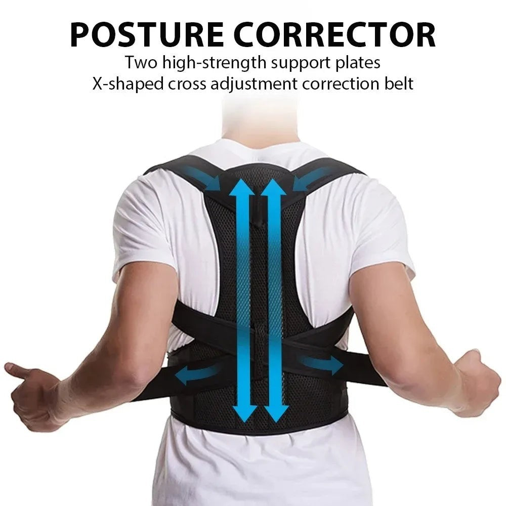COMFORTHere is the original image: Adjustable black mesh posture corrector back brace with X-strap and support plates for men and women.