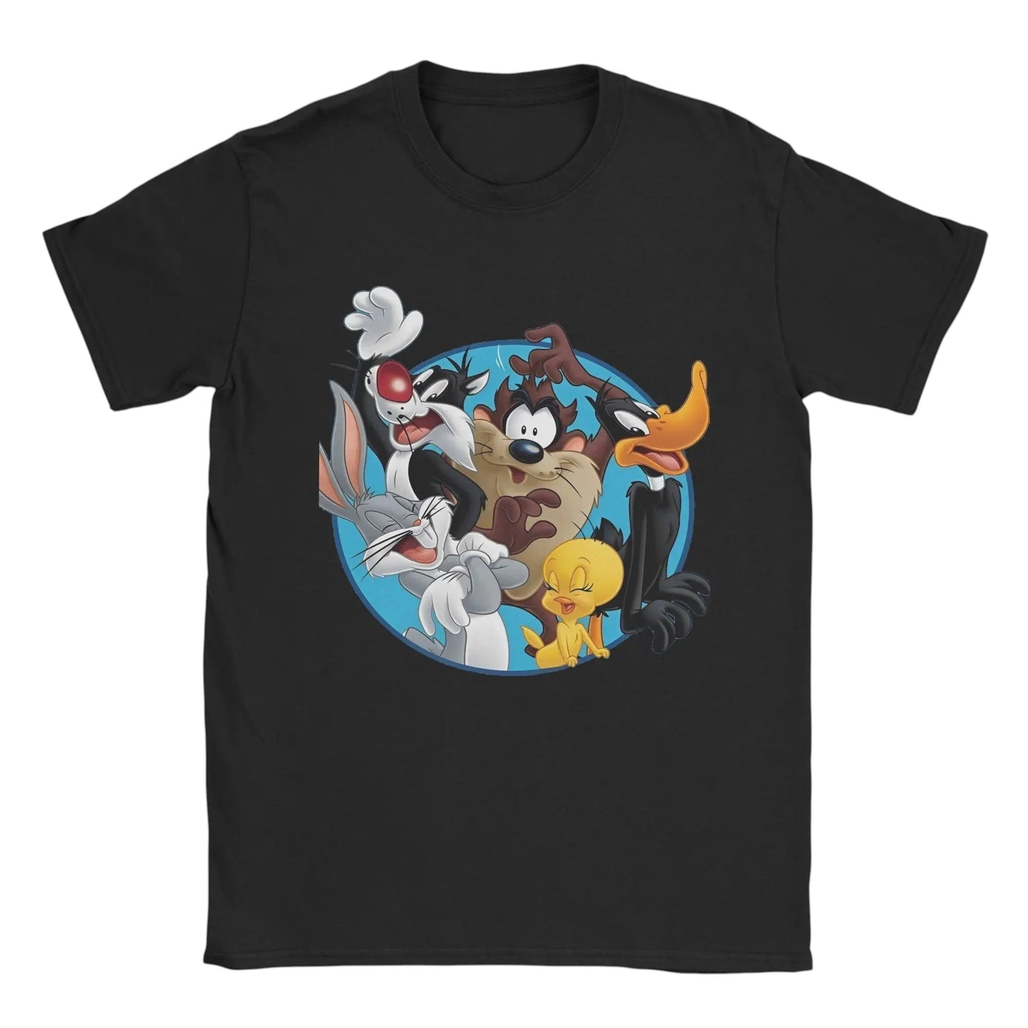 COMFORTHere black cotton t-shirt with a graphic of Looney Tunes characters Bugs Bunny, Sylvester, Tazmanian Devil, Tweety, and Daffy Duck in a blue circle.
