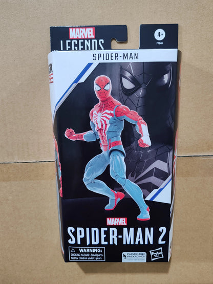 COMFORTHere Marvel Legends Spider-Man 2 action figure in red and blue suit with white web detailing. Highly articulated collectible.