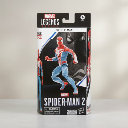 COMFORTHere Marvel Legends Spider-Man 2 action figure in red and blue suit with white web detailing. Highly articulated collectible.