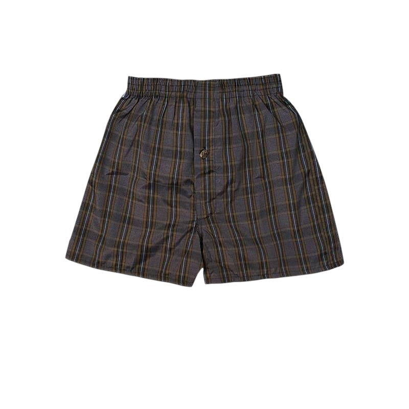 COMFORTHere's a 3-pack of men's woven boxer briefs in a grey, brown, and blue plaid pattern with a button fly.
