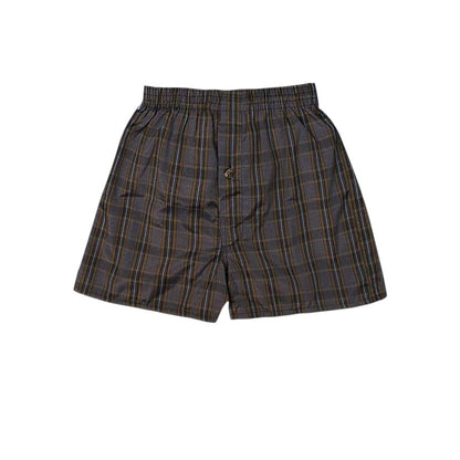 COMFORTHere's a 3-pack of men's woven boxer briefs in a grey, brown, and blue plaid pattern with a button fly.