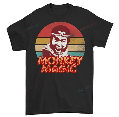 COMFORTHere black cotton t-shirt with a retro graphic of the Monkey King and "Monkey Magic" text.
