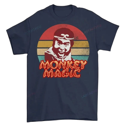 COMFORTHere navy blue cotton t-shirt with a retro graphic of the Monkey King and "Monkey Magic" text.
