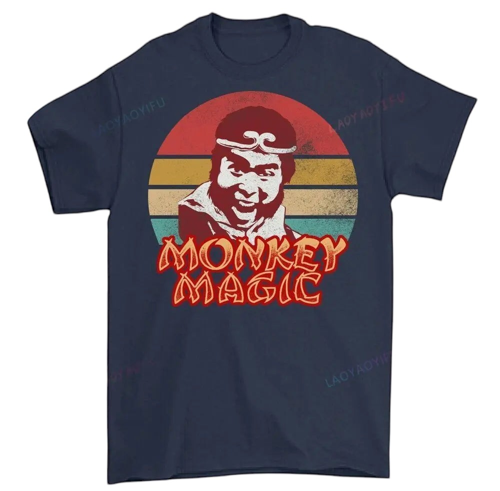 COMFORTHere navy blue cotton t-shirt with a retro graphic of the Monkey King and "Monkey Magic" text.