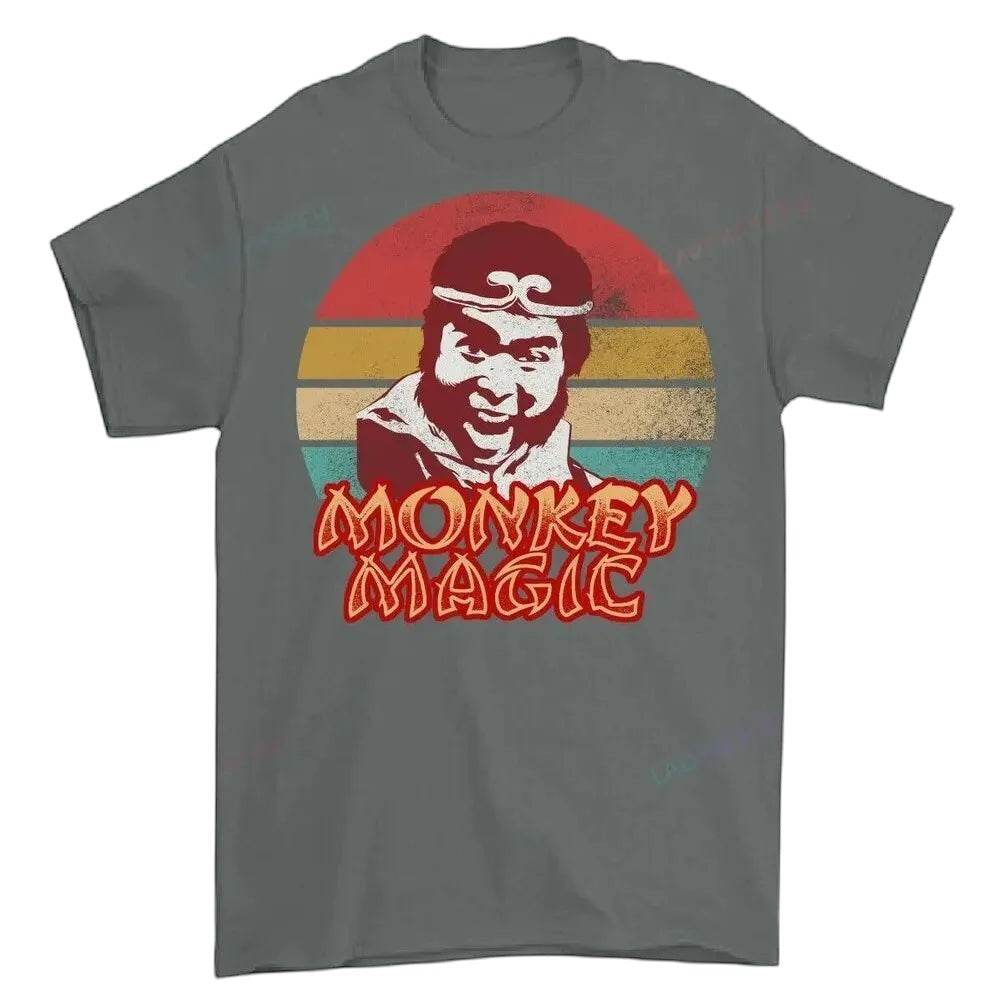 COMFORTHere Monkey Magic graphic t-shirt with a retro distressed sunset background and bold lettering. Cotton crew neck.