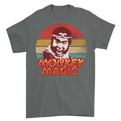 COMFORTHere Monkey Magic graphic t-shirt with a retro distressed sunset background and bold lettering. Cotton crew neck.