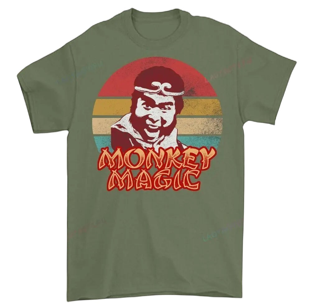 COMFORTHere Monkey Magic graphic t-shirt with a retro distressed sunset background and bold lettering. Cotton crew neck.
