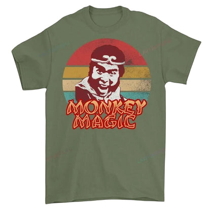 COMFORTHere Monkey Magic graphic t-shirt with a retro distressed sunset background and bold lettering. Cotton crew neck.