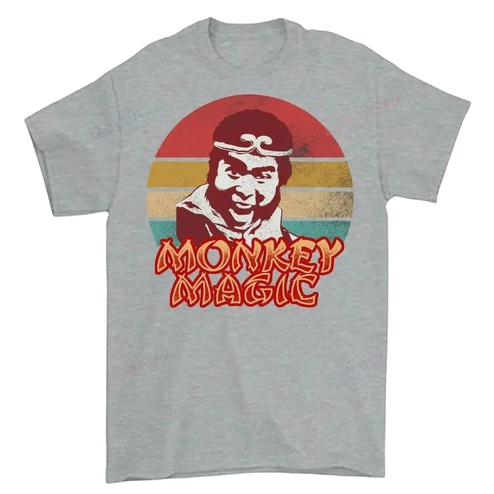 COMFORTHere Monkey Magic graphic t-shirt with retro Monkey King design and distressed sunset. Soft cotton, crew neck.