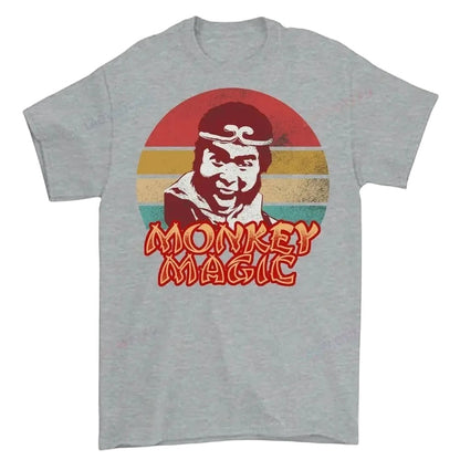 COMFORTHere Monkey Magic graphic t-shirt with retro Monkey King design and distressed sunset. Soft cotton, crew neck.