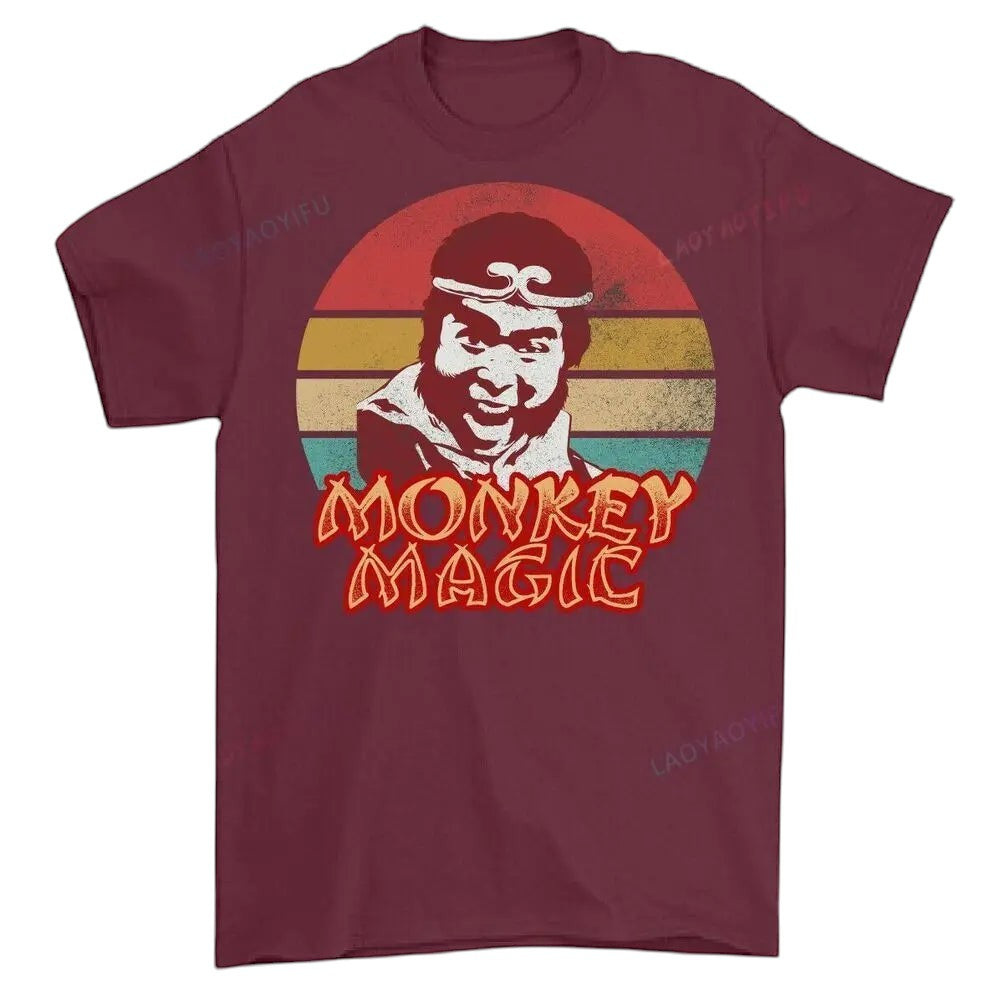 COMFORTHere Monkey Magic graphic t-shirt with a retro Monkey King illustration and distressed sunset.