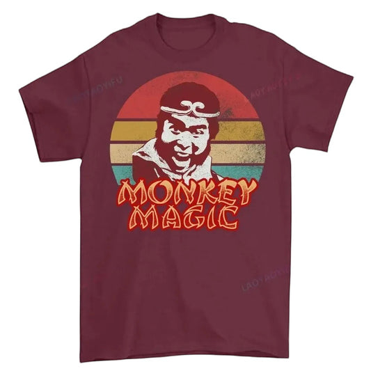 COMFORTHere Monkey Magic graphic t-shirt with a retro Monkey King design on a maroon cotton crew neck.