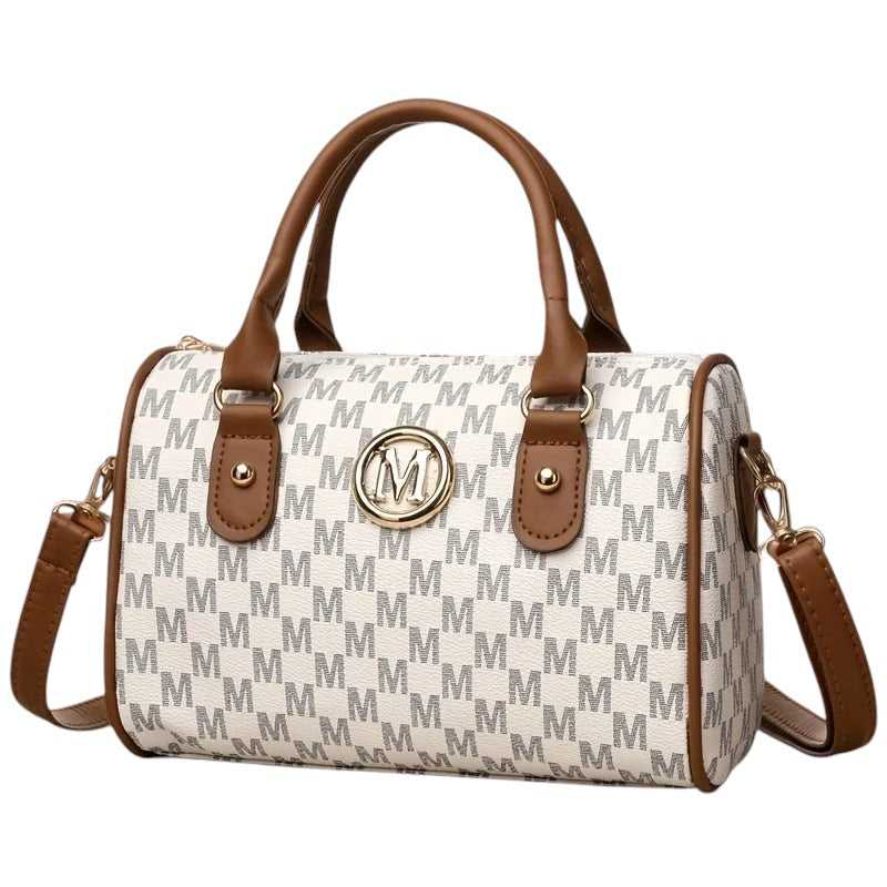COMFORTHere Monogram Barrel Handbag with shoulder strap, white with grey monogram print and brown trim.