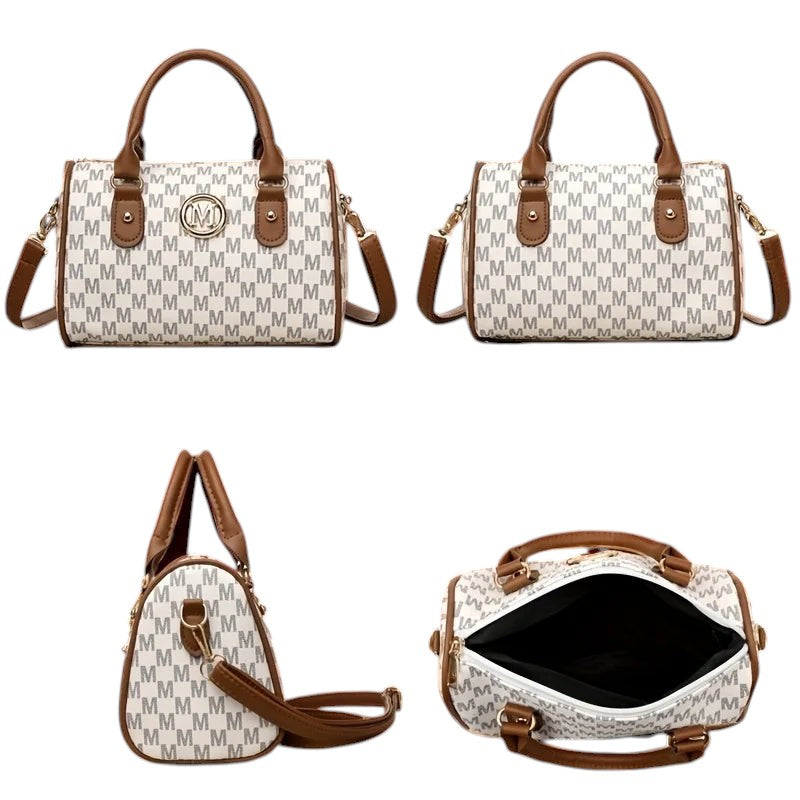 COMFORTHere Monogram Barrel Handbag with shoulder strap, white with brown trim and all-over monogram print.