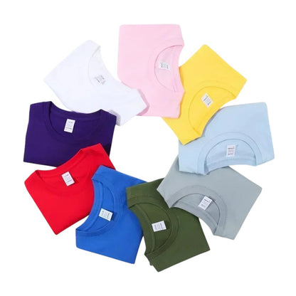 COMFORTHere T-shirts in various colors: white, pink, yellow, light blue, grey, olive green, royal blue, red, and purple. Soft cotton, crew neck, short sleeves.