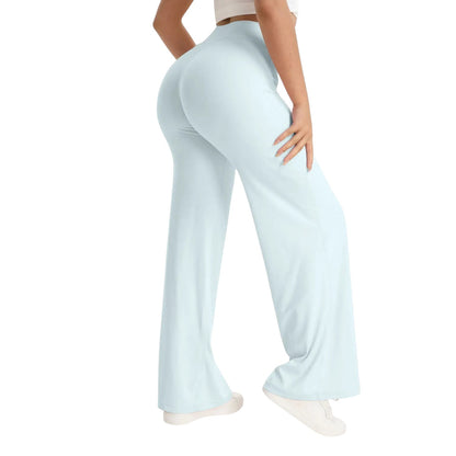 COMFORTHere NCLAGEN SoftMotion yoga pants in light blue, straight leg, mid-waist, nylon fabric.