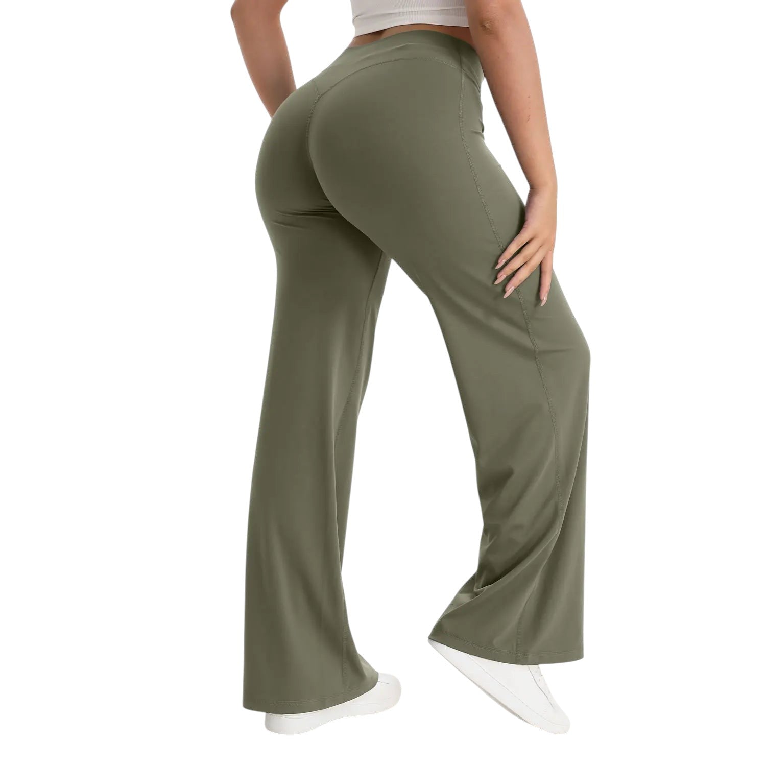 COMFORTHere NCLAGEN SoftMotion straight leg yoga pants in olive green, made of soft nylon fabric with a mid-waist.