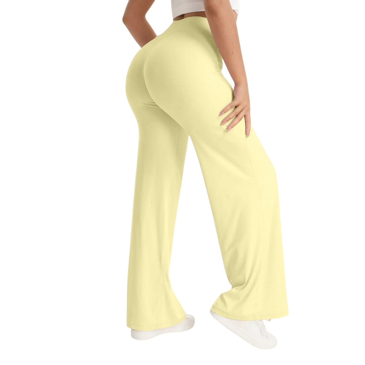 COMFORTHere NCLAGEN SoftMotion yoga pants in pale yellow, straight leg, mid-waist, nylon fabric.