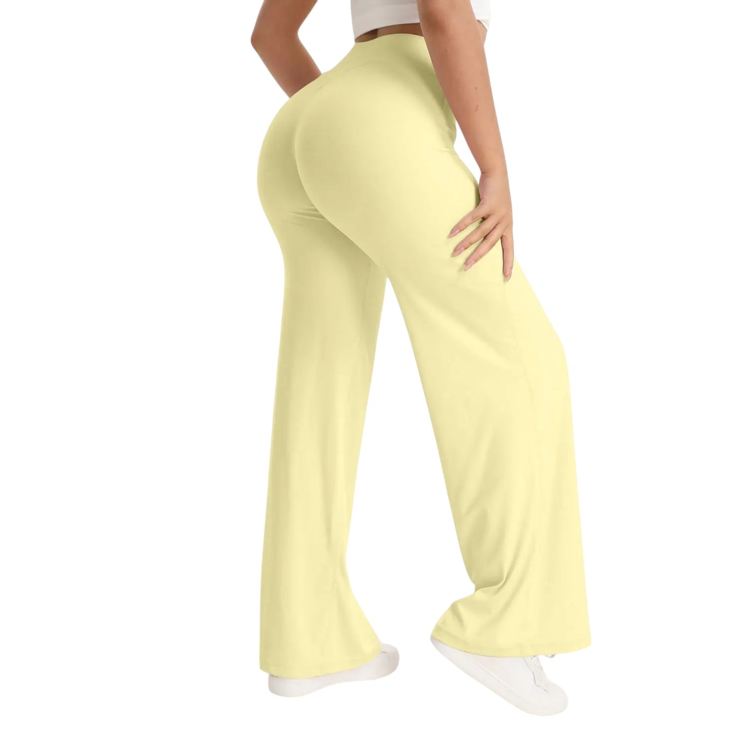 COMFORTHere NCLAGEN SoftMotion yoga pants in pale yellow, straight leg, mid-waist, nylon fabric.