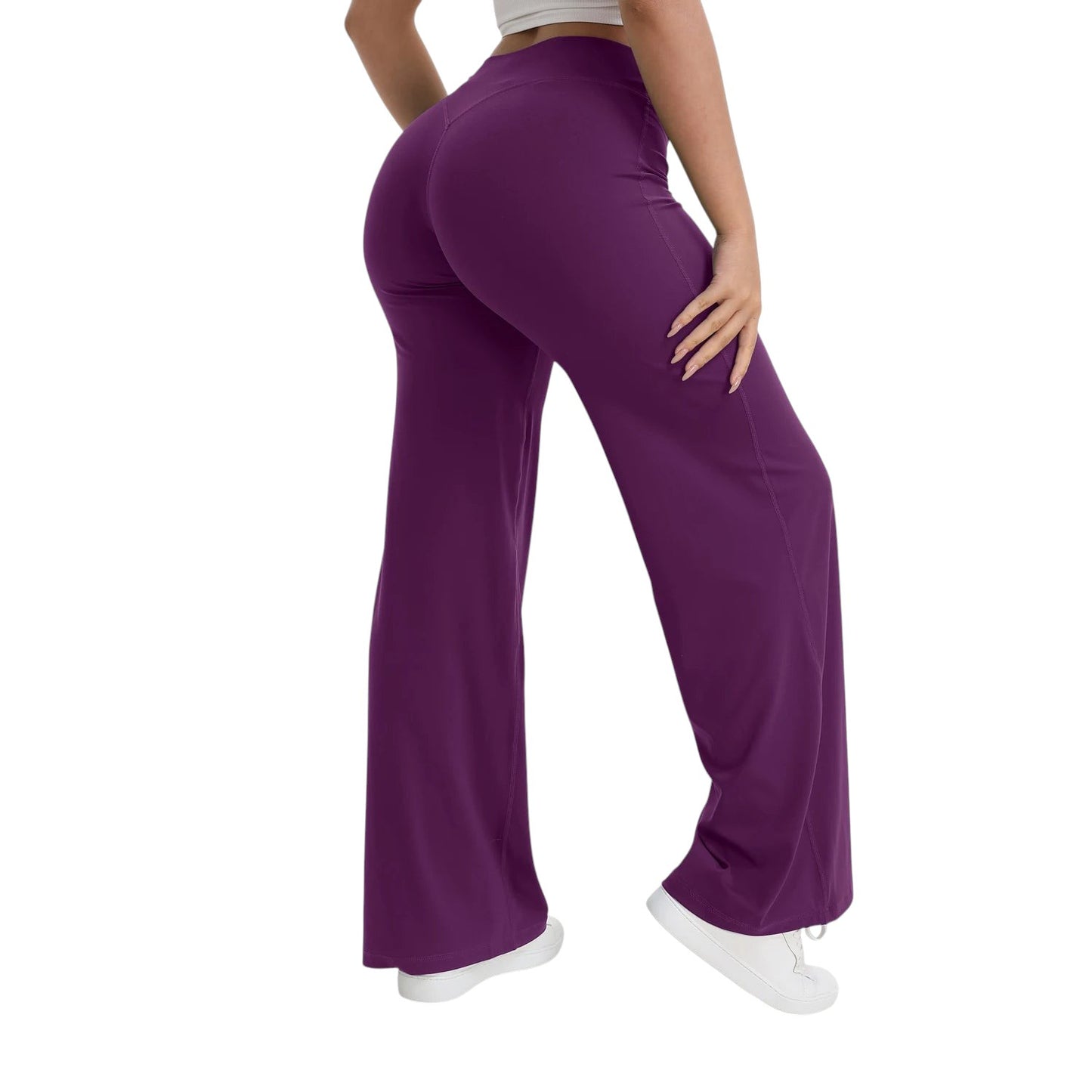 COMFORTHere NCLAGEN SoftMotion yoga pants in plum, straight leg, mid-waist, naked-feel nylon fabric.