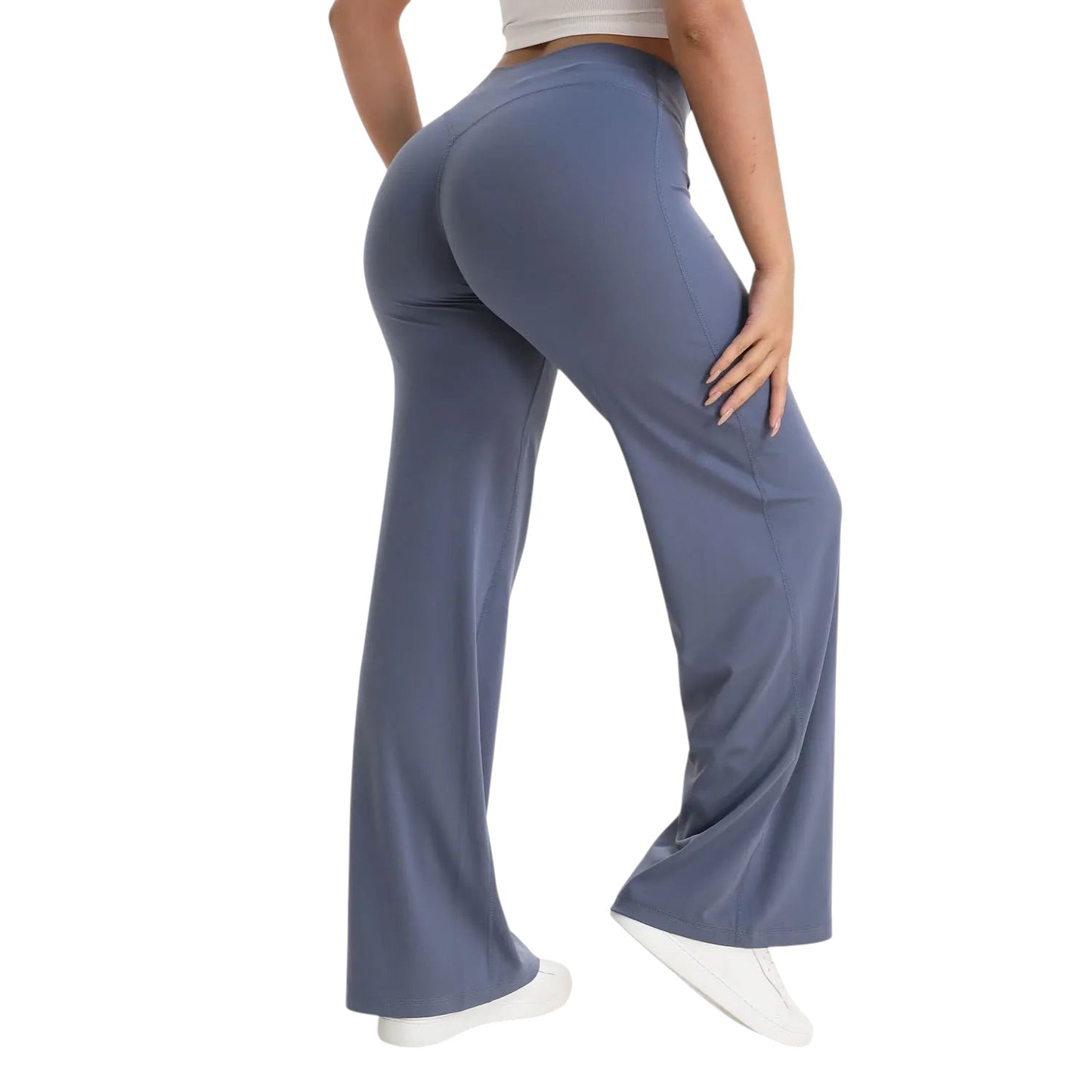 COMFORTHere NCLAGEN SoftMotion yoga pants in slate blue, straight leg, mid-waist, nylon fabric.