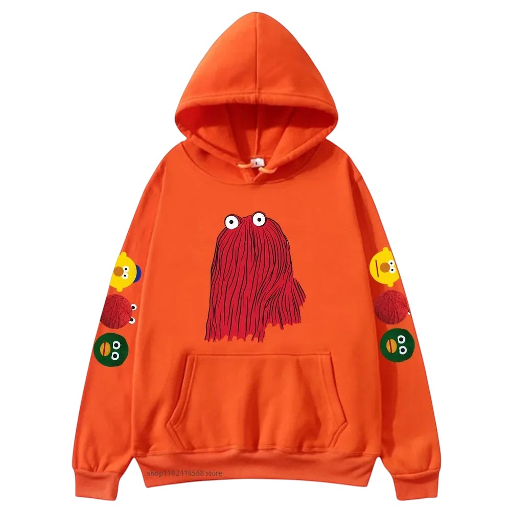 COMFORTHere orange graphic hoodie with red character and playful sleeve icons. Soft fabric, front pocket.
