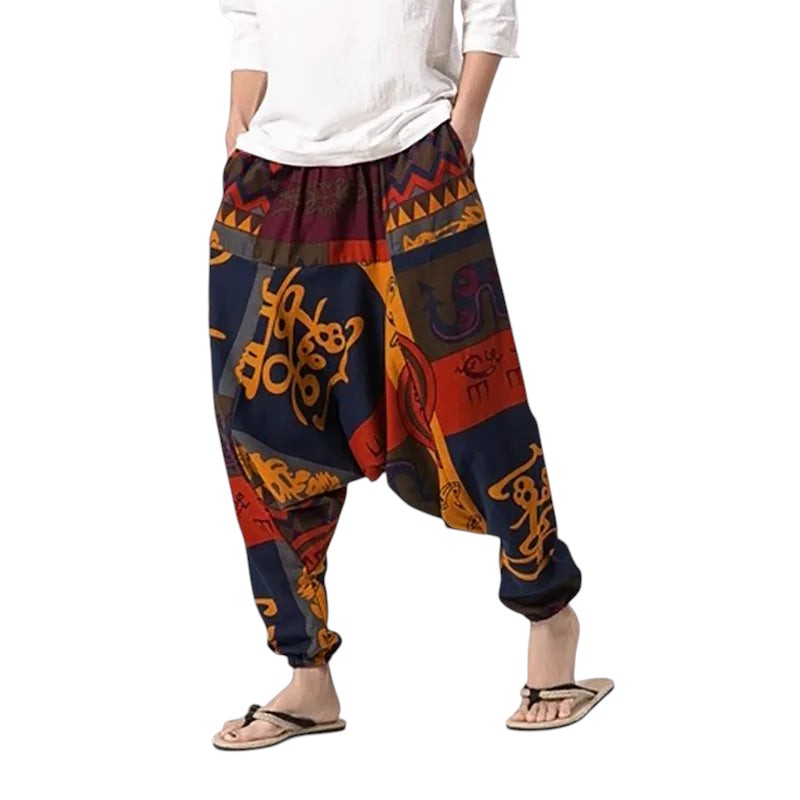 COMFORTHere patterned loose fit harem pants with elastic waistband and cuffed ankles. Navy, orange, and red.