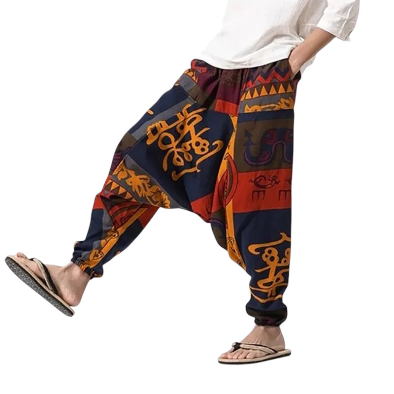 COMFORTHere Comfortable Loose Fit Patterned Harem Pants with elastic waistband and cuffed ankles. Navy blue with orange, red, and grey patterns.