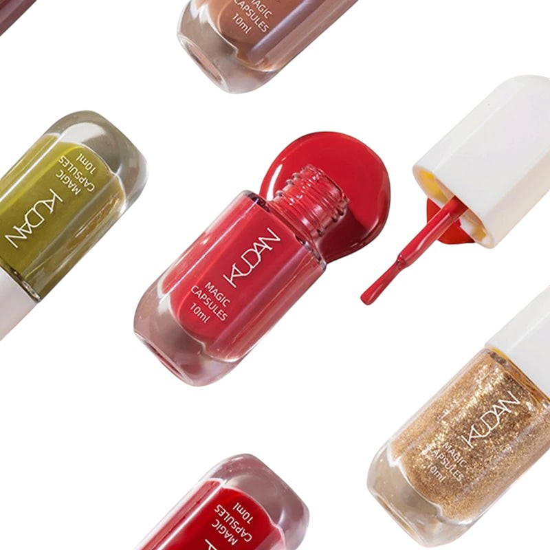 COMFORTHere Water-Based Peel Off Nail Polish Collection in red, gold glitter, olive green, and nude shades. 10ml bottles.