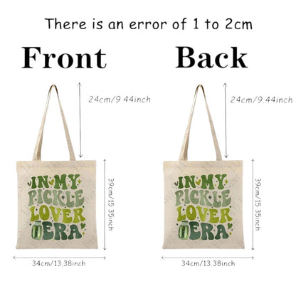 COMFORTHere natural canvas tote bag with "In My Pickle Lover Era" text in green shades and pickle jar graphic.