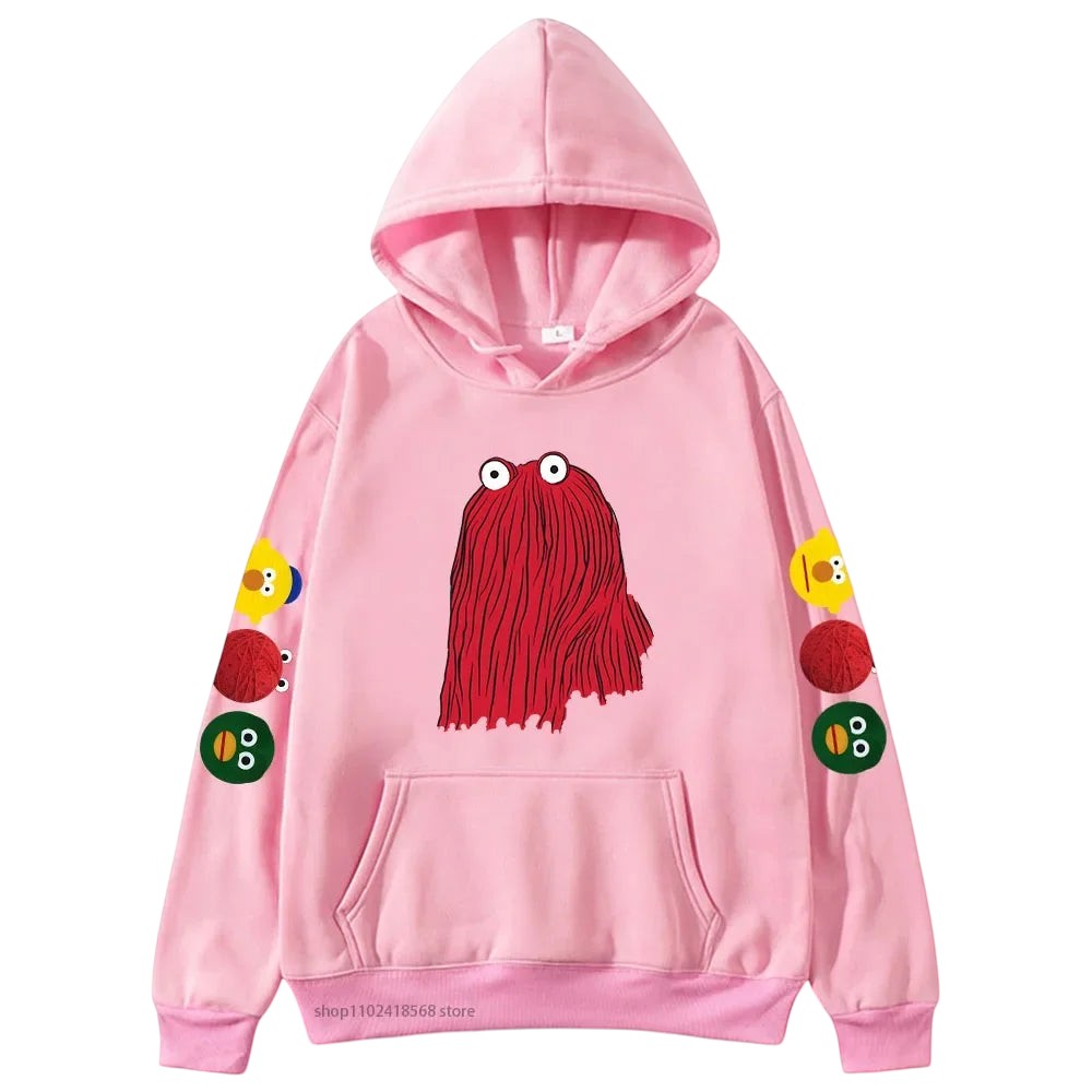COMFORTHere pink graphic hoodie with red character on front and character icons on sleeves. Soft fabric.