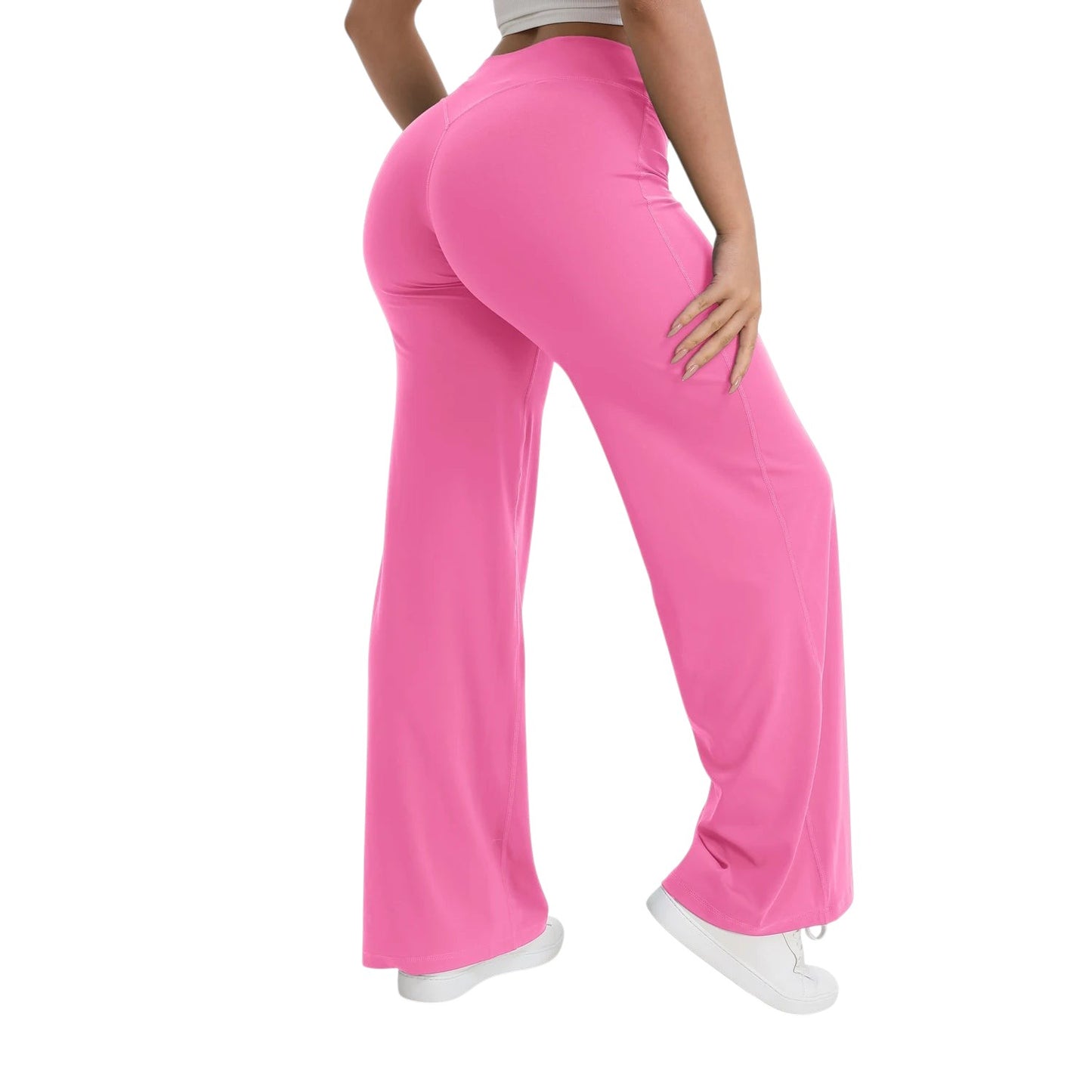 COMFORTHere pink straight leg yoga pants with a mid-waist elastic band and a naked-feel nylon fabric.