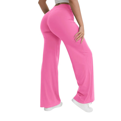COMFORTHere pink straight leg yoga pants with a mid-waist elastic band and a naked-feel nylon fabric.