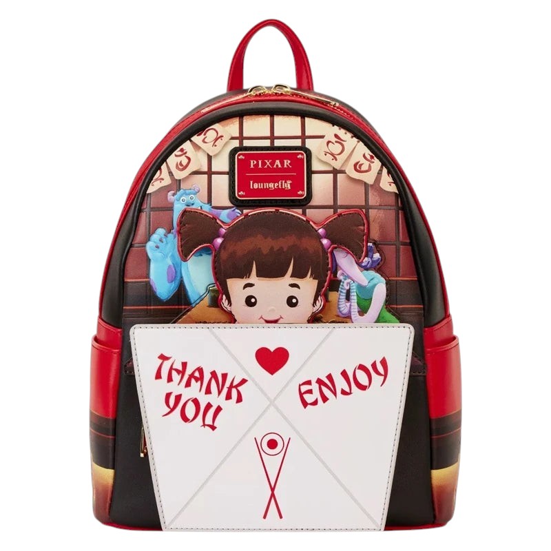 COMFORTHere Pixar Monsters Inc. Boo mini backpack with Sulley and Randall. Red and black faux leather with white envelope detail.