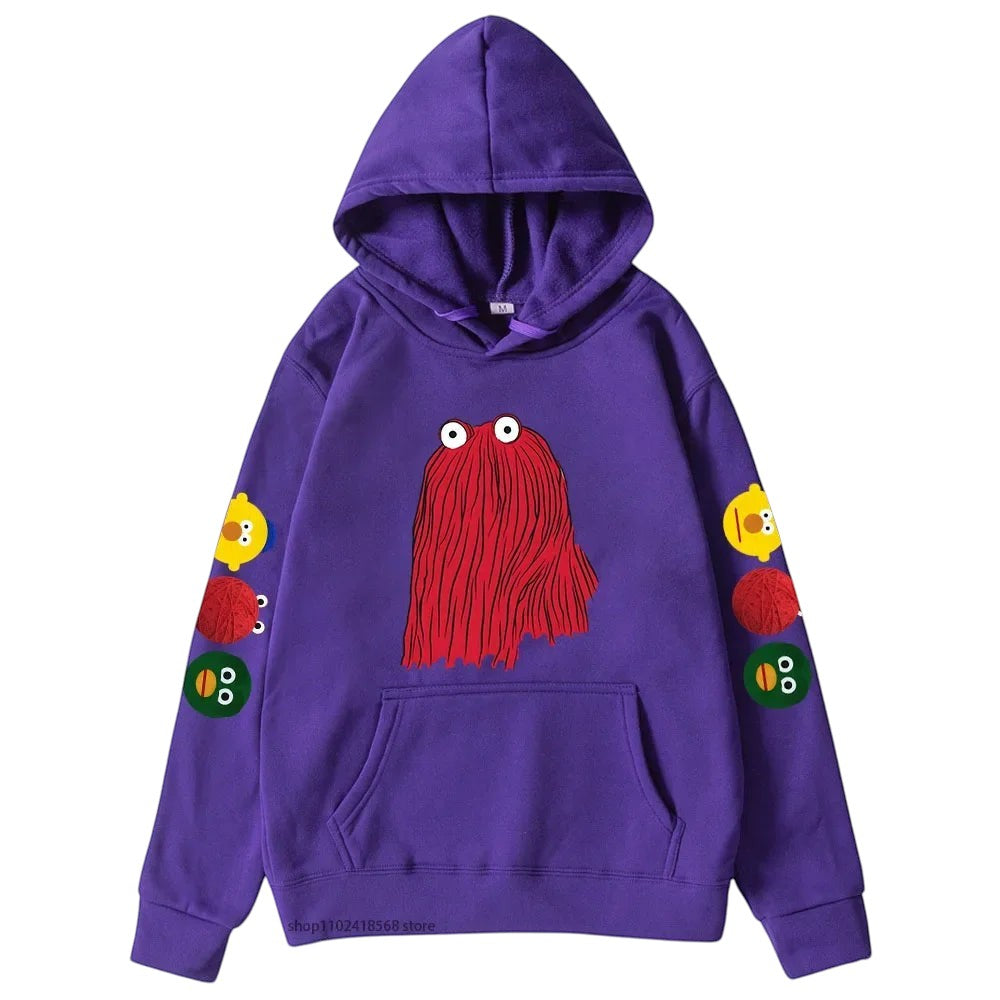 COMFORTHere purple graphic hoodie with red character on front and character icons on sleeves. Soft fabric.