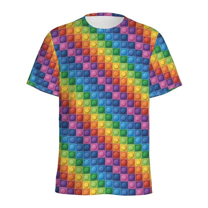 COMFORTHere rainbow pop-it fidget toy pattern t-shirt. Short sleeve, crew neck, all-over print.