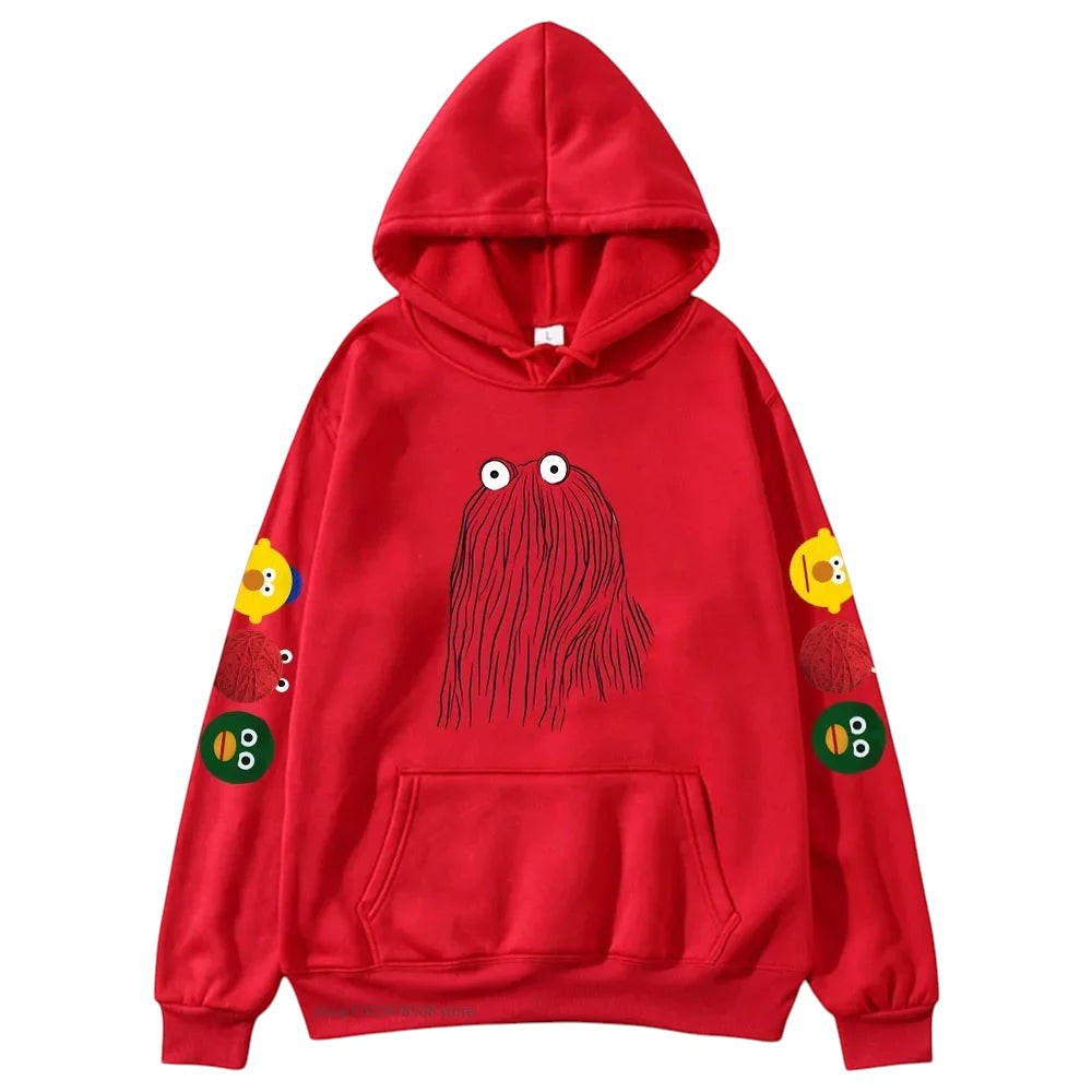 COMFORTHere red graphic hoodie with a fuzzy red character on the front and smaller character icons on the sleeves.