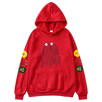 COMFORTHere red graphic hoodie with a fuzzy red character on the front and smaller character icons on the sleeves.