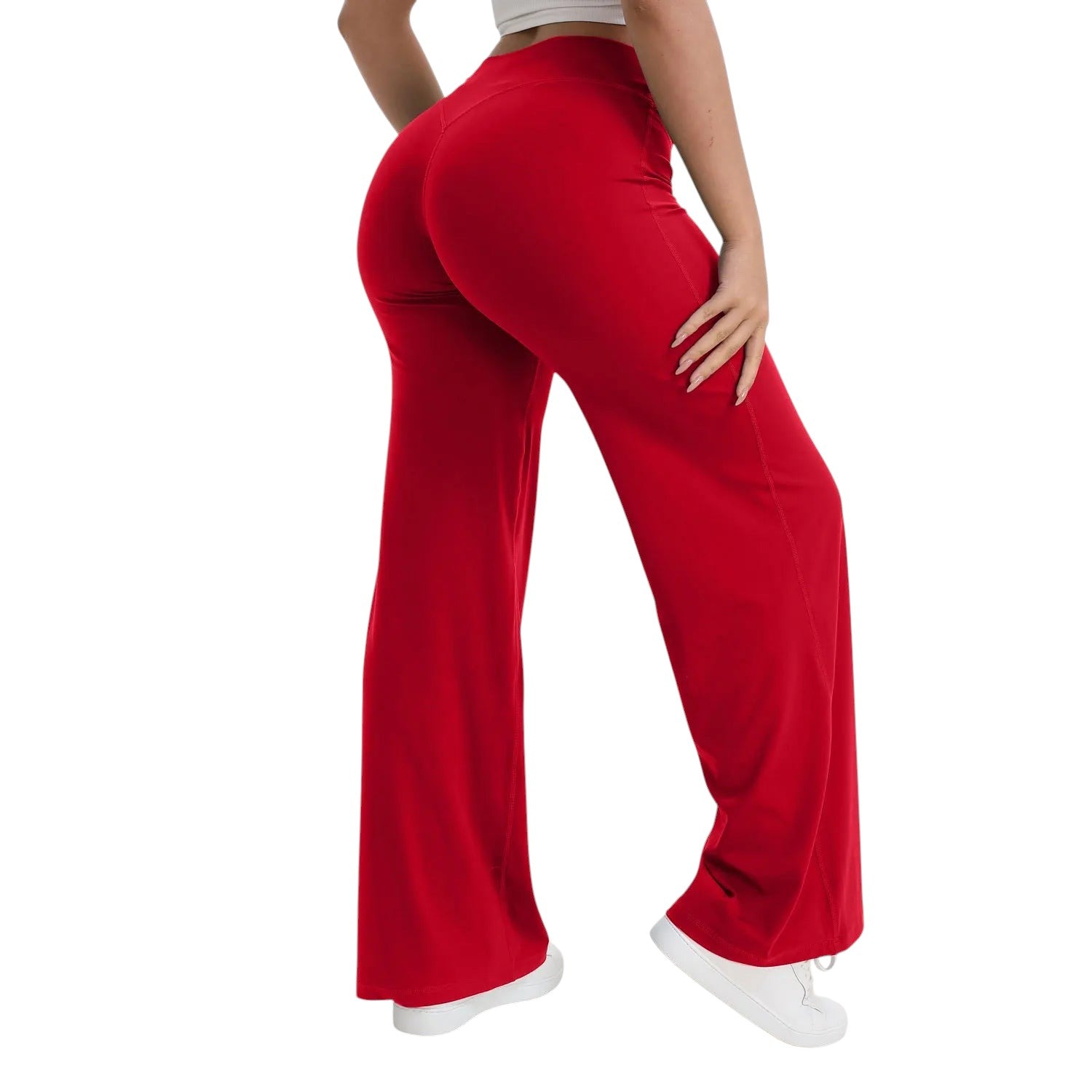 COMFORTHere NCLAGEN SoftMotion red straight leg yoga pants with a V-shaped back seam and naked-feel nylon fabric.