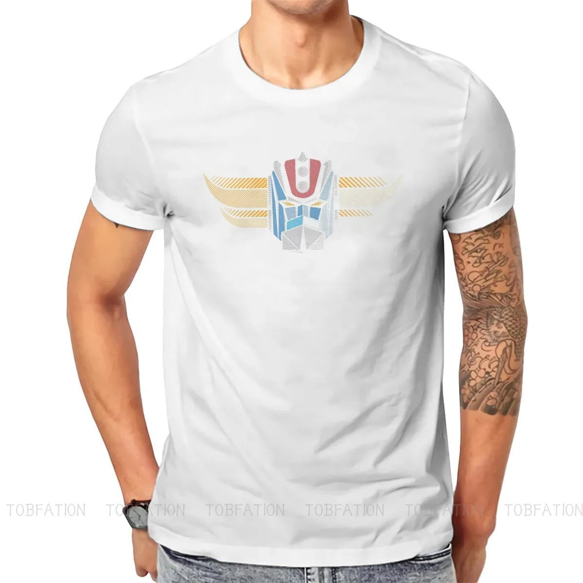 COMFORTHere white cotton t-shirt with a retro robot head graphic in blue, red, and yellow.