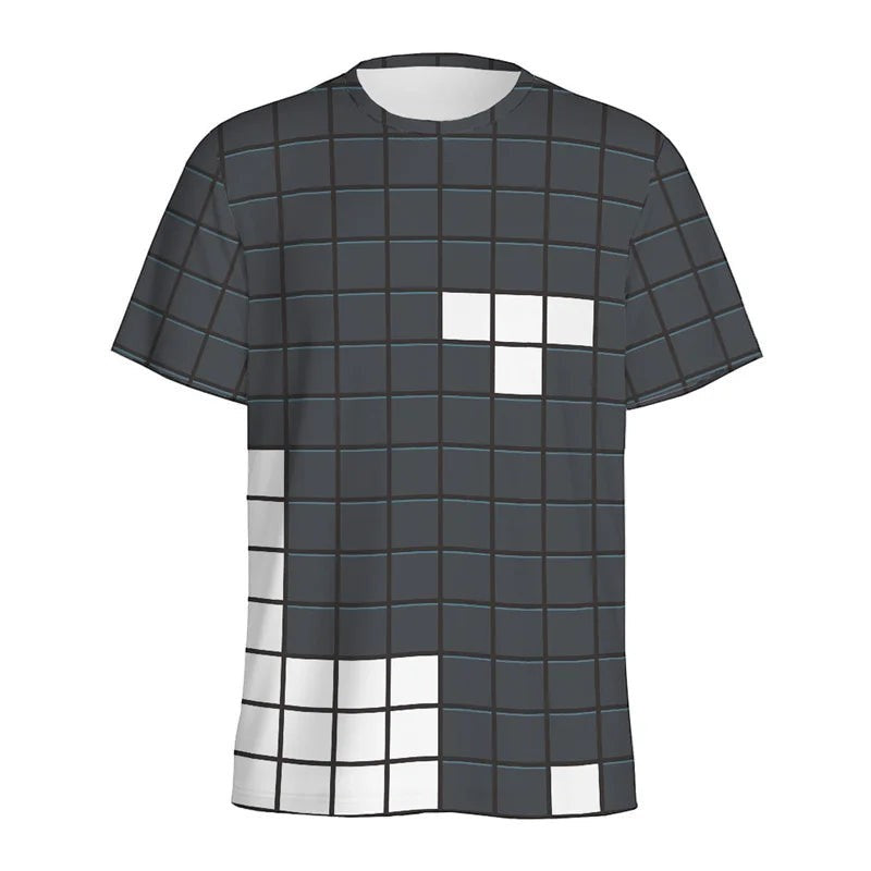 COMFORTHere Retro Video Game Graphic T-Shirt with pixelated white squares on a dark grey grid pattern.
