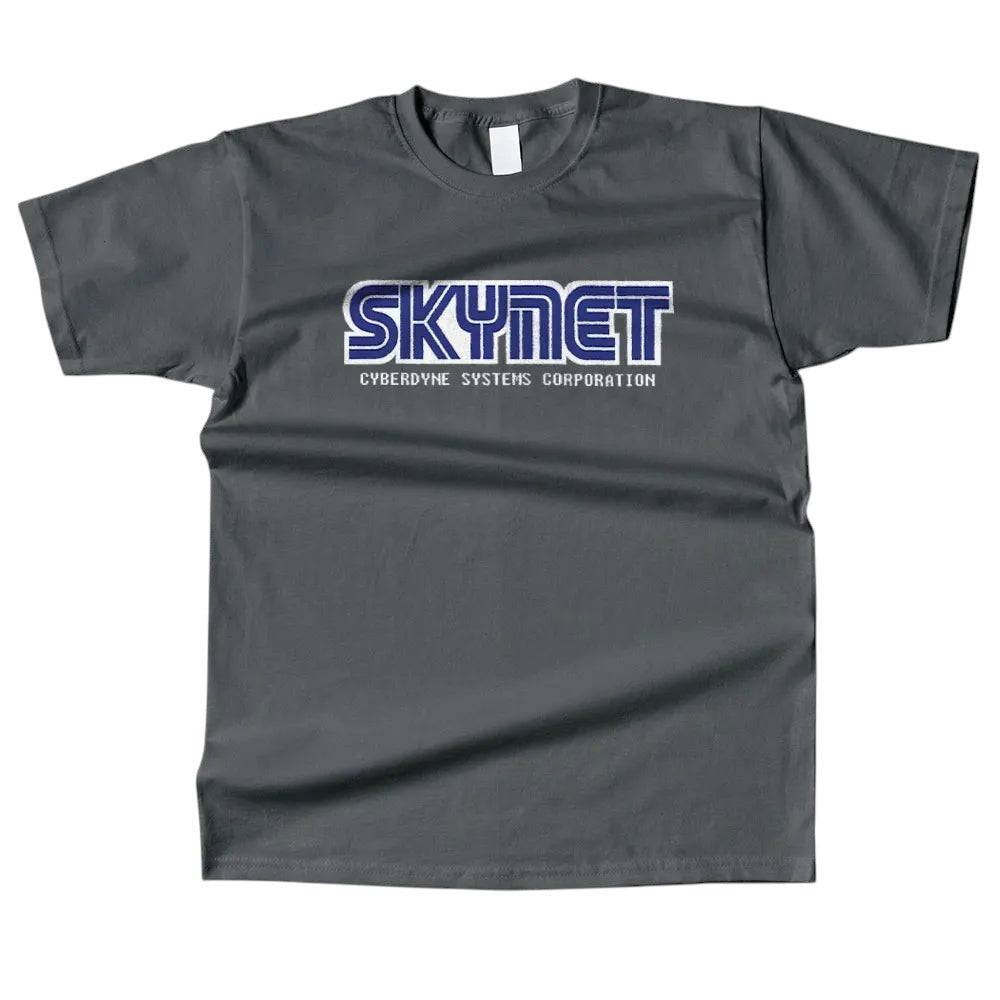 COMFORTHere Skynet Cyberdyne Systems Corporation T-Shirt in dark grey cotton with blue and white logo.