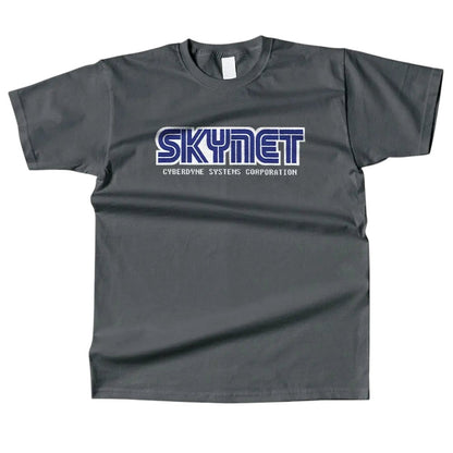 COMFORTHere Skynet Cyberdyne Systems Corporation T-Shirt in dark grey cotton with blue and white logo.